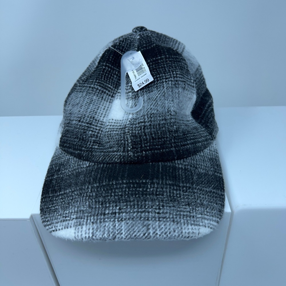 Gap Mens One Size Black White Plaid Wool Blend Adjustable Baseball Cap Hat NWT